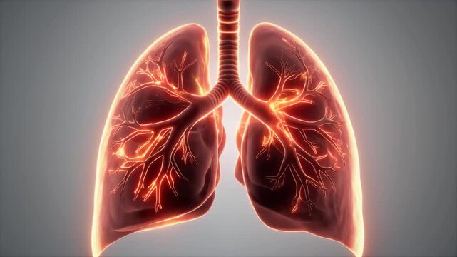 Realistic human lungs shown on grey background demonstrating details of structure and function with or without color effects