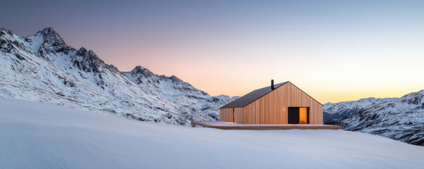 modern wooden cabin in a snowy mountain landscape at twilight, showcasing serene architecture amidst dramatic peaks.