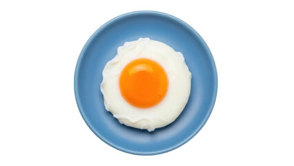 Poached egg on blue plate isolated PNG, breakfast food with runny yolk on transparent background, healthy eating concept