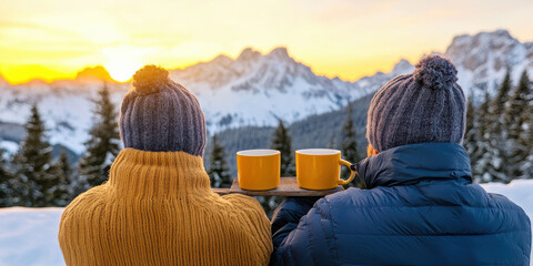 cozy winter scene featuring two people enjoying warm drinks while watching a stunning sunset over snow-capped mountains.