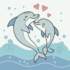 Two dolphins leaping with hearts