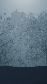 Silent Shadows Linger Over Forsaken Battlements, Creeping Fog Shadowing Abandoned Fortress As Spectral Imagery Fills Somber Atmosphere