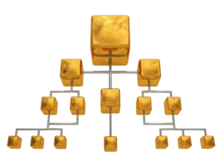 Isolated hierarchy of gold cubes, organization chart, company structure, organizational chart