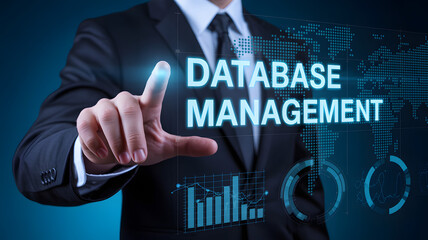 Businessman touches database management interface on a glowing digital display showing world maps and charts