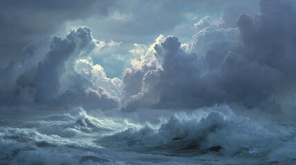 A dramatic seascape, depicting stormy clouds over raging waves, with a touch of sunlight piercing through the tempest