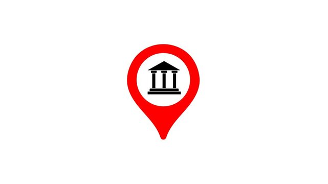 Animated red GPS map pin icon featuring a classical building symbol for government offices, museums, courthouses, and institutional location tracking apps on white.

