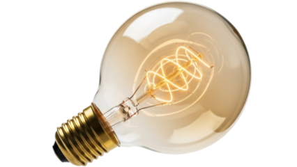 Vintage Edison light bulb isolated PNG, antique style incandescent lamp with glowing filament on transparent background