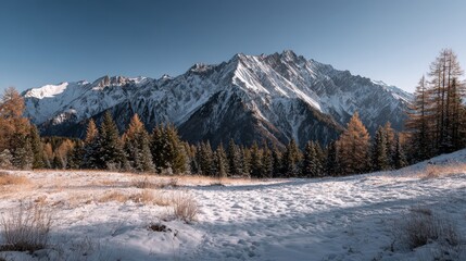 Majestic snow-capped mountain range dominates a clear blue sky above an alpine meadow dusted with early snow.