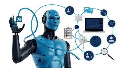 Innovative humanlike ai robot demonstrates modern technology, connecting with business, charts, laptop, clipboard on white background and conveys an innovative theme