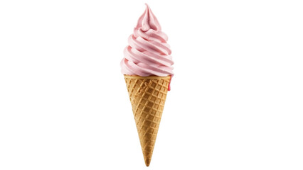 Isolated strawberry ice cream cone, pink swirl sweet dessert, frozen treat enjoyment