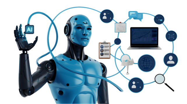 Innovative humanlike ai robot demonstrates modern technology, connecting with business, charts, laptop, clipboard on white background and conveys an innovative theme - Powered by Adobe