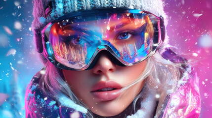 Woman with reflective goggles in vivid snowy portrait. Concept of winter fashion visuals, gear promotion, cold-season advertising and modern outdoor lifestyle content.