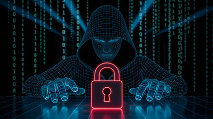 Cybersecurity illustration showcasing hacker using network with digital padlock, illuminated matrix data streams, symbolizing data protection