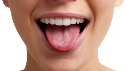 Close up of a woman's mouth exhaling smoke after eating or drinking something very hot, with a transparent background for easy integration into different projects