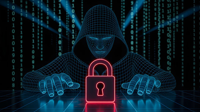 Cybersecurity illustration showcasing hacker using network with digital padlock, illuminated matrix data streams, symbolizing data protection - Powered by Adobe