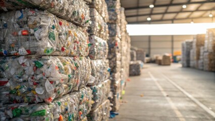 Bales of recycled materials stacked in a warehouse, showcasing the importance of recycling and waste management.