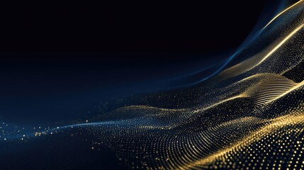 Innovation concept with a golden particle wave flowing on a dark blue gradient background for branding and business growth presentations.
