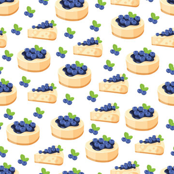 Blueberry cheesecake seamless pattern. Flat vector clipart, illustration with isolated background.