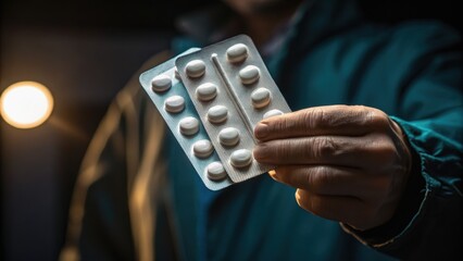Obraz premium A person holds a blister pack of tablets, illuminated by soft light, suggesting themes of health and medication.