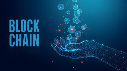 Digital blockchain illustration showcases wireframe hand presenting floating transparent cubes against a dark blue network background