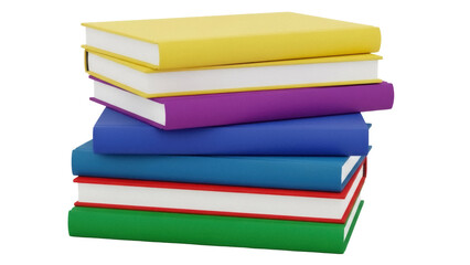 Stack of colorful books isolated PNG on transparent background, yellow purple blue red and green books for education and reading
