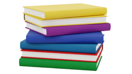 Stack of colorful books isolated PNG on transparent background, yellow purple blue red and green books for education and reading