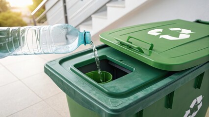 A person pours water from a plastic bottle into a green recycling bin, promoting eco-friendly waste disposal practices.