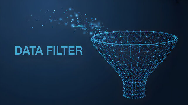A digital funnel illustration represents data filter, network, filtering, and processing on a dark blue background, a technology driven data solution - Powered by Adobe