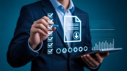 Business analysis digital illustration of a man marking a checklist, holding a tablet showing a graph, with data visualizations