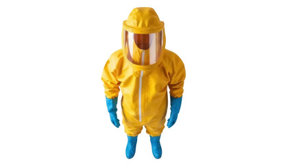 Person in yellow hazmat suit isolated PNG, full body shot of protective gear with blue gloves and boots on transparent background