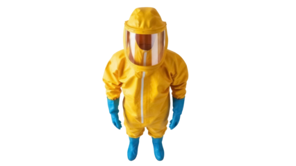 Person in yellow hazmat suit isolated PNG, full body shot of protective gear with blue gloves and boots on transparent background