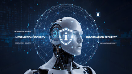 Futuristic robot head illustration displays information security shield with abstract glowing digital network, showcasing protection and cyber defense technology