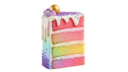 Isolated colorful layered cake with icing and sprinkles against a neutral backdrop