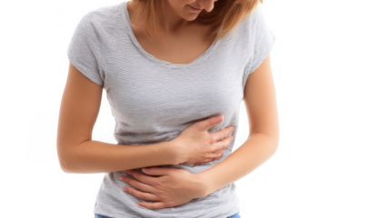 Man experiencing intense abdominal discomfort, holding his stomach with both hands, suggesting appendicitis inflammation, isolated on transparent background