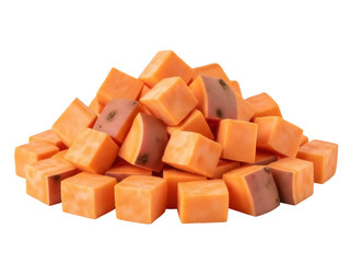 Isolated chunks of sweet potato cut into cubes ready for roasting or cooking, ingredient