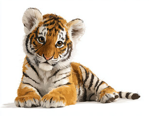 Obraz premium Cute cartoon tiger cub with big eyes is lying down, showcasing its vibrant orange and black stripes. adorable expression evokes sense of playfulness and charm