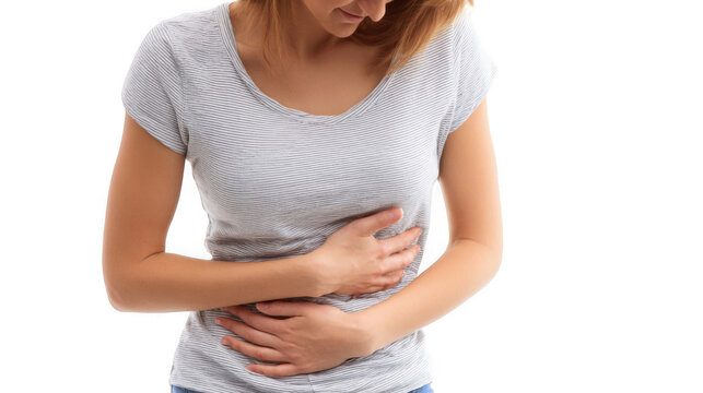 Man experiencing intense abdominal discomfort, holding his stomach with both hands, suggesting appendicitis inflammation, isolated on transparent background