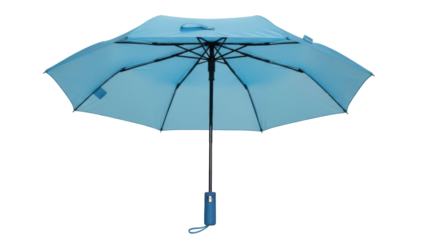 Isolated sky-blue umbrella with automatic open close feature, protection from rain and sun rays