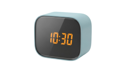 Isolated blue digital alarm clock displaying the time 1030 in the middle of the screen