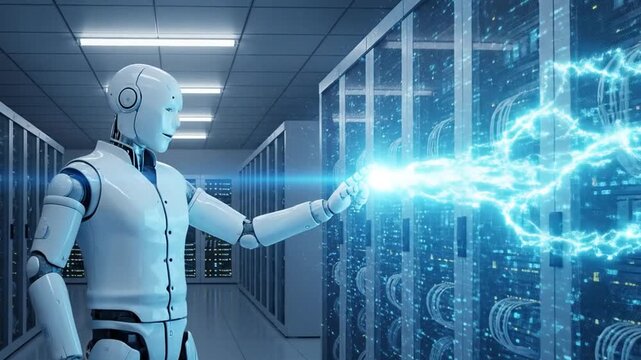 Futuristic robot interacts with glowing data wall in server room