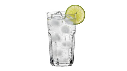 Isolated glass of water filled with ice cubes and slice of lime against neutral backdrop