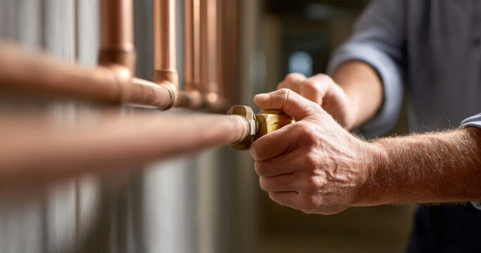 Close-up of plumber hands adjusting copper pipes and valves in an indoor plumbing system with blurred background