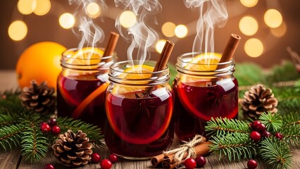Warm and cozy mulled wine or cider in mason jars for winter or christmas
