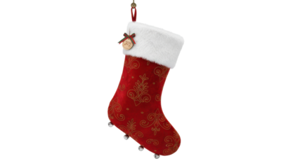 Festive Hanging Red Christmas Stocking with White Cuff and Gold Snowflake Pattern isolated PNG with Transparent Background