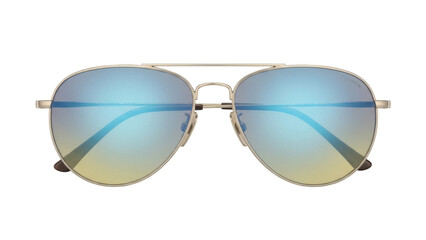 Isolated aviator-style sunglasses reflecting blue and yellow light, fashionable sun protection