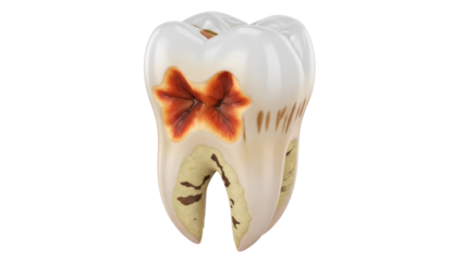 Isolated molar tooth with a cavity, a sign of poor oral hygiene and potential dental problems