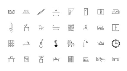 A comprehensive collection of minimalist furniture icons for interior design layouts