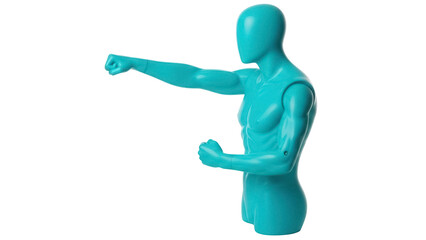Isolated cyan-blue mannequin torso in striking punch action pose, studio portrait for compositing