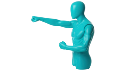 Isolated cyan-blue mannequin torso in striking punch action pose, studio portrait for compositing
