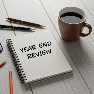 Year end review workspace with coffee and writing utensils
